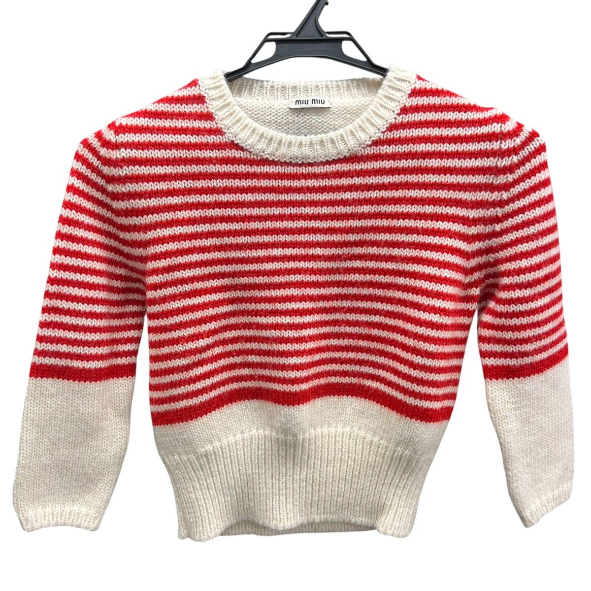 miumiu ミュウミュウ ボーダー ニット 長袖 セーター MMN 491 アクリル ウール モヘア レッド アイボリー ショート丈 トップス ABランク 鑑定済 ミュウミュウセーター