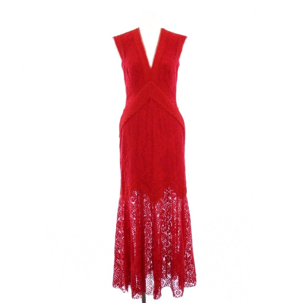 タダシショージ TADASHI SHOJI タイトワンピース マキシ ロング ノースリーブ Vネック レース ワンカラー 0 赤 レッド |BB