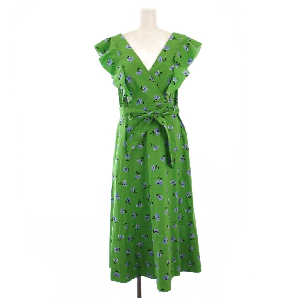 ケイトスペード KATE SPADE フ ワンピース ミモレ ロング ノースリーブ Vネック 花柄 フリル ベルト 6 緑 グリーン BB