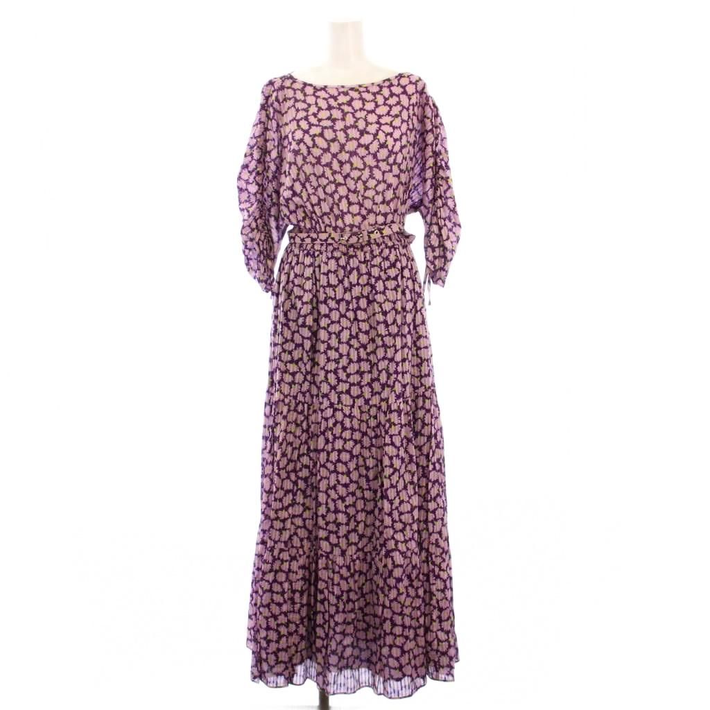 ケイトスペード KATE SPADE フ ワンピース マキシ ロング 七分袖 クルーネック ウエストゴム 花柄 ベルト M 紫 パープル タグ付き |BB