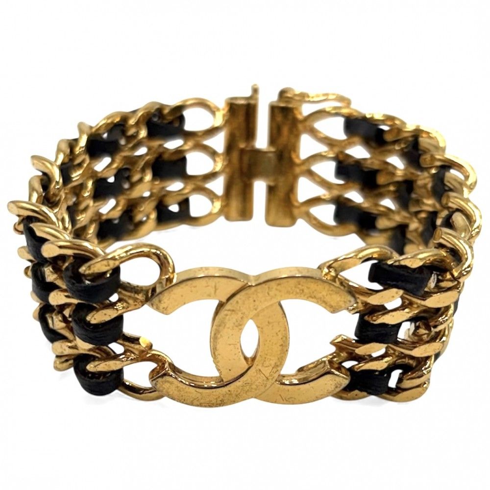 シャネル ブレスレット レディース チェーン ヴィンテージ ココマーク CHANEL GP レザー 97 A ゴールド ブラック 黒 約57.0 g 1997年 品