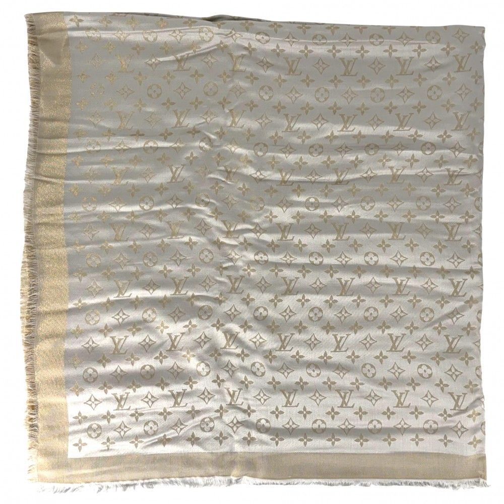 ルイヴィトン ストール レディース モノグラムシャイン ショール 大判 ファッションアイテム 小物 グレー ゴールド LOUIS VUITTON M 75121 シルク レーヨン ウール ポリエステル グレージュ 品