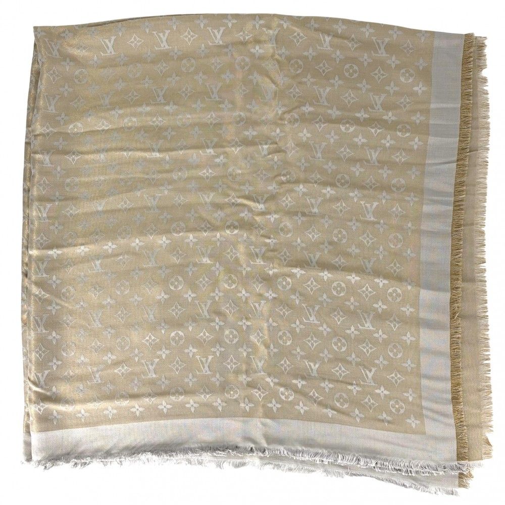 ルイヴィトン ストール レディース モノグラムシャイン ショール 大判 ファッションアイテム 小物 グレー ゴールド LOUIS VUITTON M 75121 シルク レーヨン ウール ポリエステル グレージュ 品