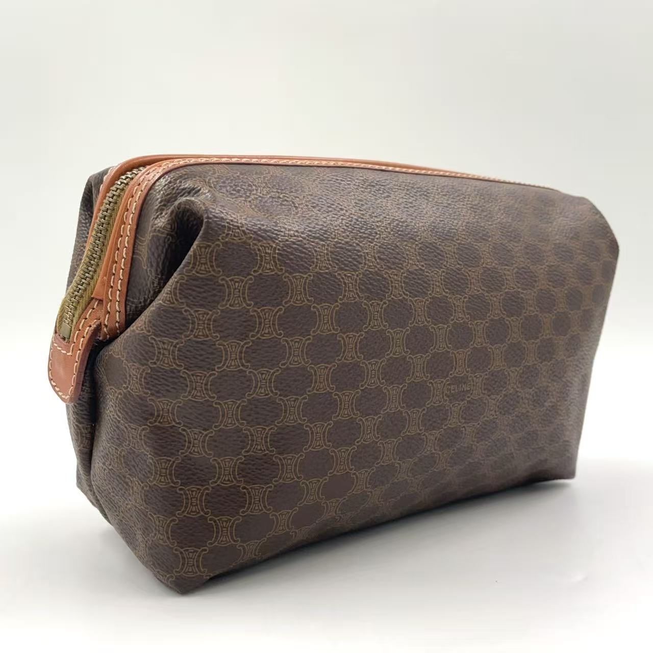 CELINE マカダム柄 レザー×PVC ダークブラウン×ブラウン ポーチ