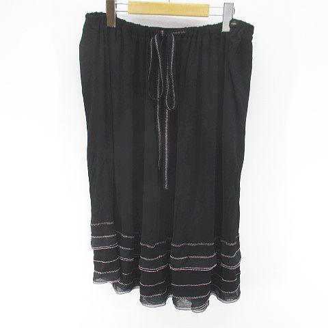 シャネル CHANEL 02 P B 1965 膝丈 フ スカート ティアード 42 黒系 ブラック フランス製 ステッチ 刺繍 ロゴプレート 裏地