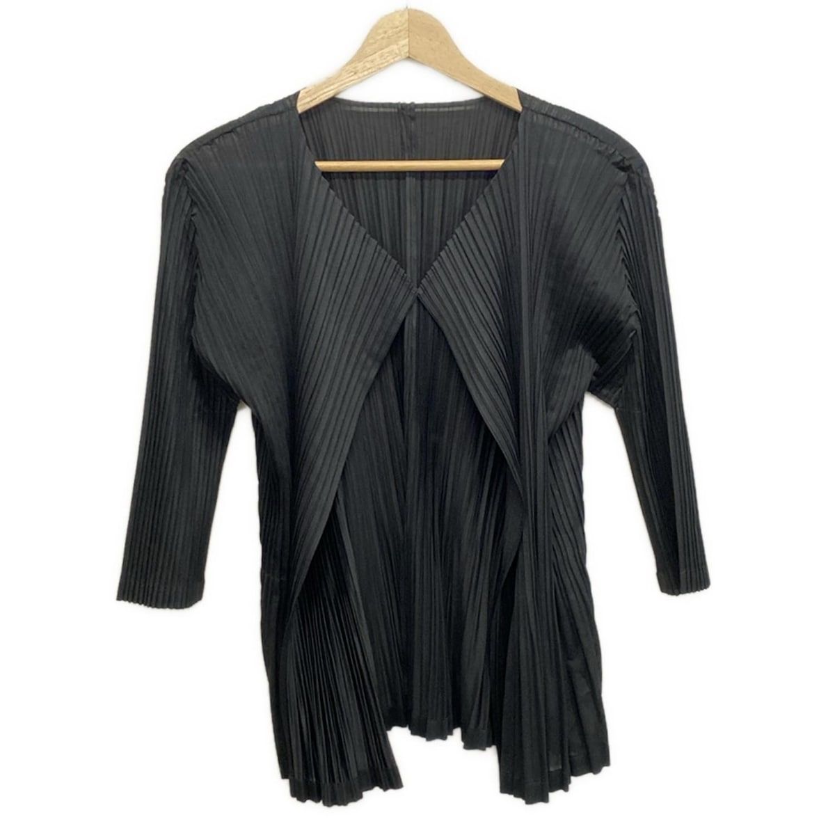 PLEATS PLEASE プリーツプリーズ カーディガン サイズ3 L レディース - 黒 七分袖|プリーツ
