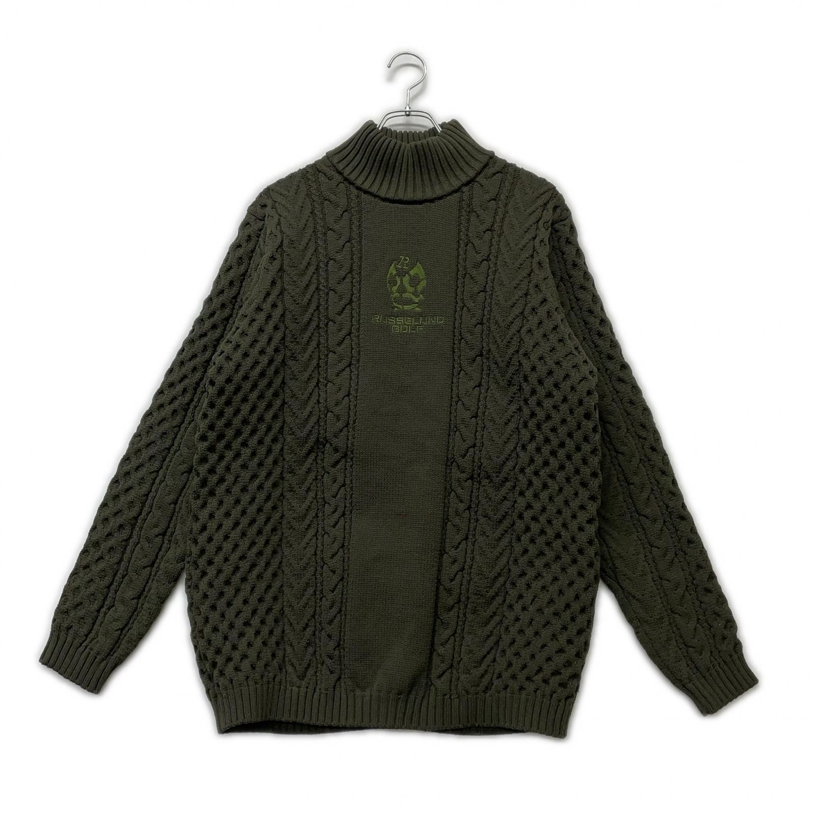 ♥品 メンズ ラッセルノ セーター 6 LL モスグリーン ハイネック ニット ケーブル編み ルチャ ロゴ刺しゅう