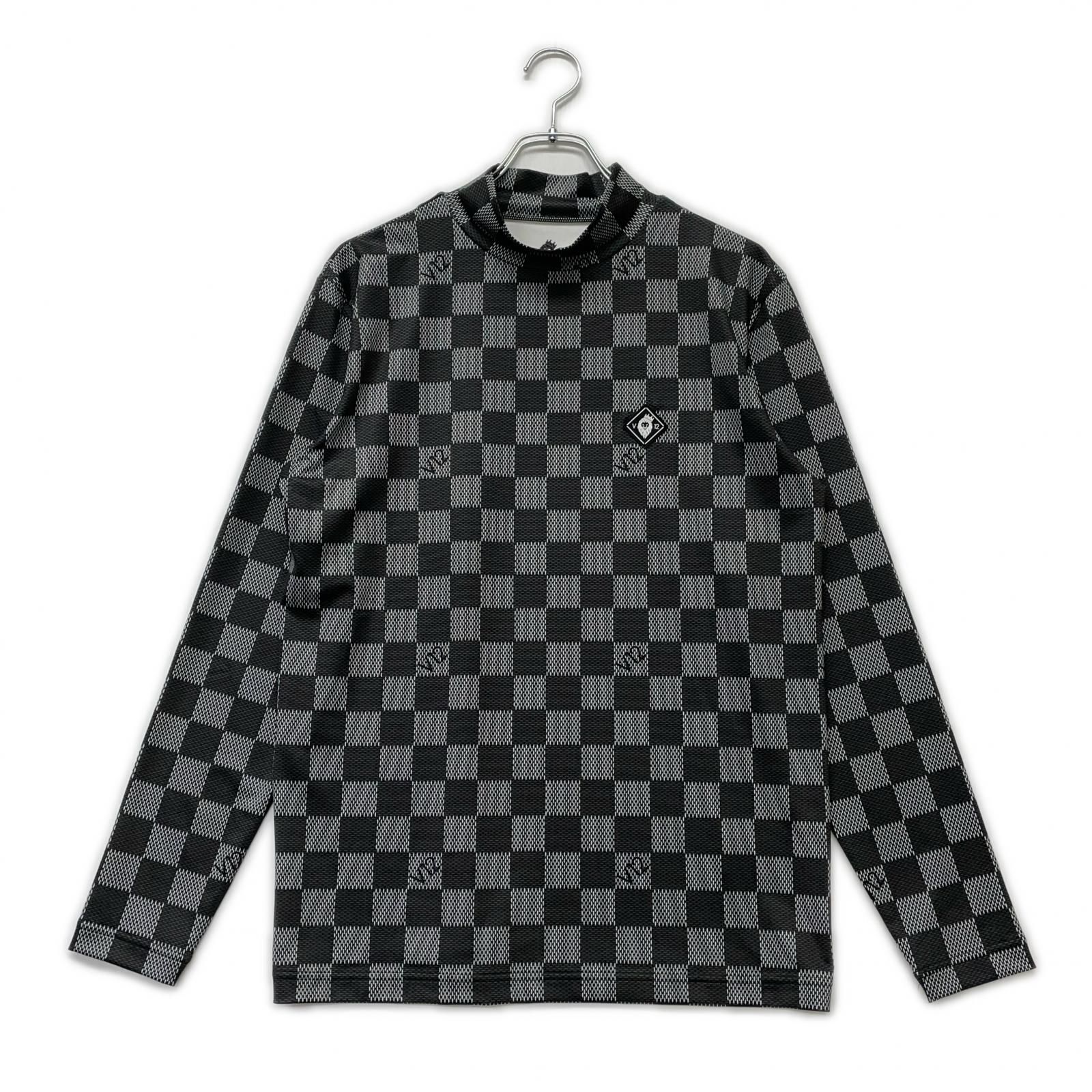 メンズ ヴィ トゥエルヴ V 12 長袖シャツ L 白 黒 モックネック チェック 総柄 ストレッチ