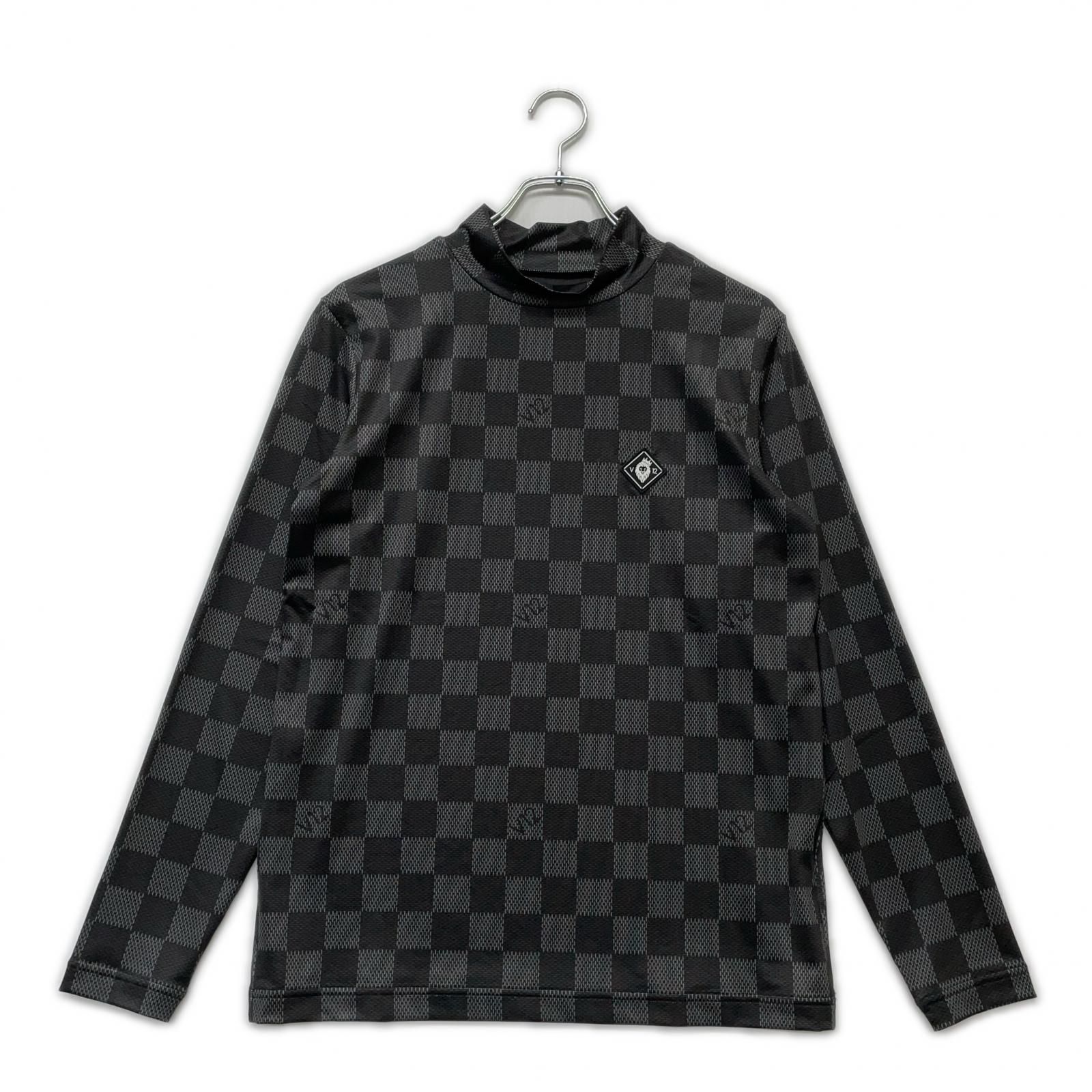 メンズ ヴィ トゥエルヴ V 12 長袖シャツ M 黒×グレー モックネック チェック 総柄 ストレッチ