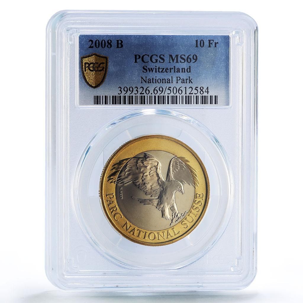 スイス 10フラン 国立公園 鷲 鳥類 動物相 MS 69 PCGS バイメタルコイン 2008年