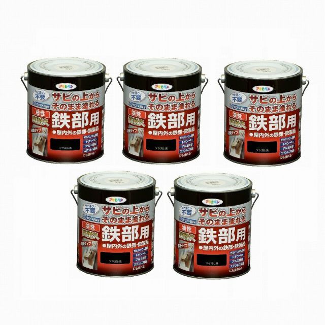 アサヒペン 油性高耐久鉄部用 １ ６Ｌ ツヤ消し黒 サビの上からそのまま塗れる 5缶セット