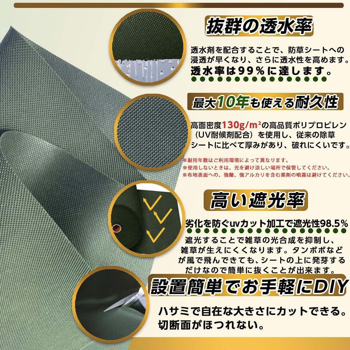 高耐久＆高遮光 防草シート 2 m 50 雑草防止シート 厚手 高密度130 g| UV耐候剤配合 紫外線劣化防止 Uピン杭|黒丸付き 園芸|工事用 雑草対策 ブラック 造園材料 資材 園芸用品 フラワー ガーデニング