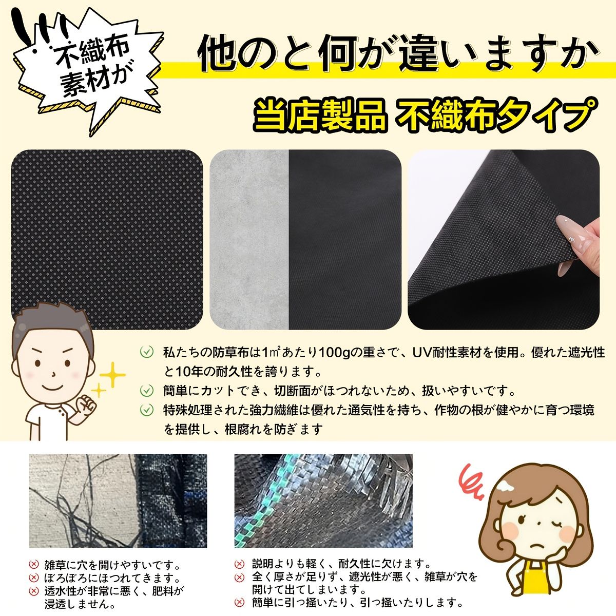 UVカット&高耐久 雑草防止シート 高透水性 硬化しない質感 人工芝|家庭菜園|庭|畑|砂利下 雑草対策に Uピン|黒丸付き 2 m 50 mUピン100本黒丸 セット