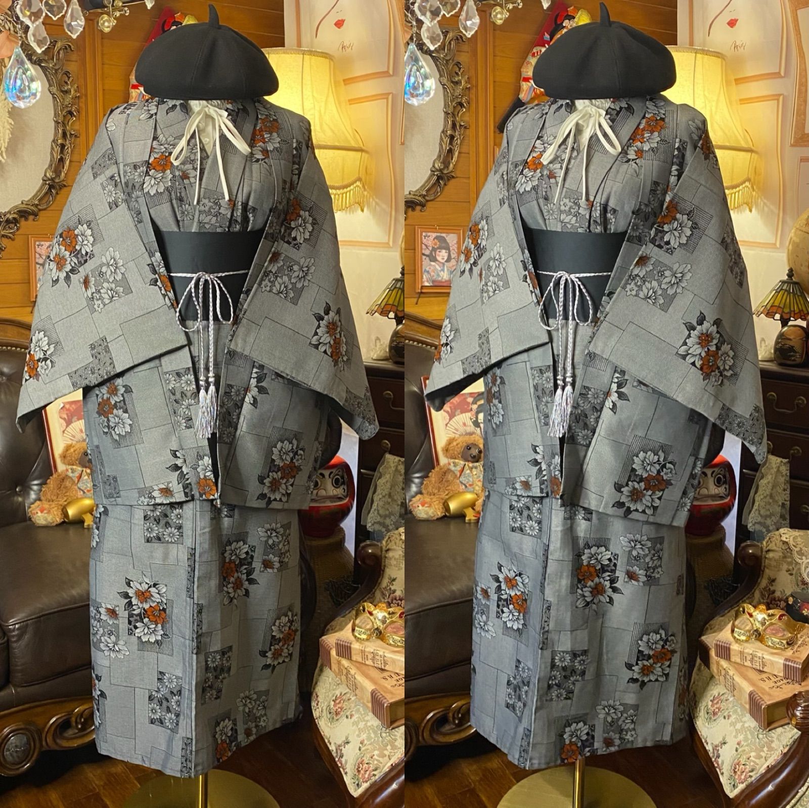 和洋折衷ロングワンピース 着物アンサンブル 帯サッシュベルト付き ハンドメイド レトロ 古着 灰色の格子に灯る情熱の花 aKW-109