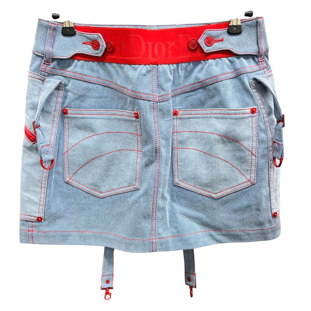 Christian Dior クリスチャン ディオール 04 AW デニム ミニスカート コットン ブルー レッド ゴルフウェア ウエストゴム ボトムス ABランク 鑑定済 ディオールスカート