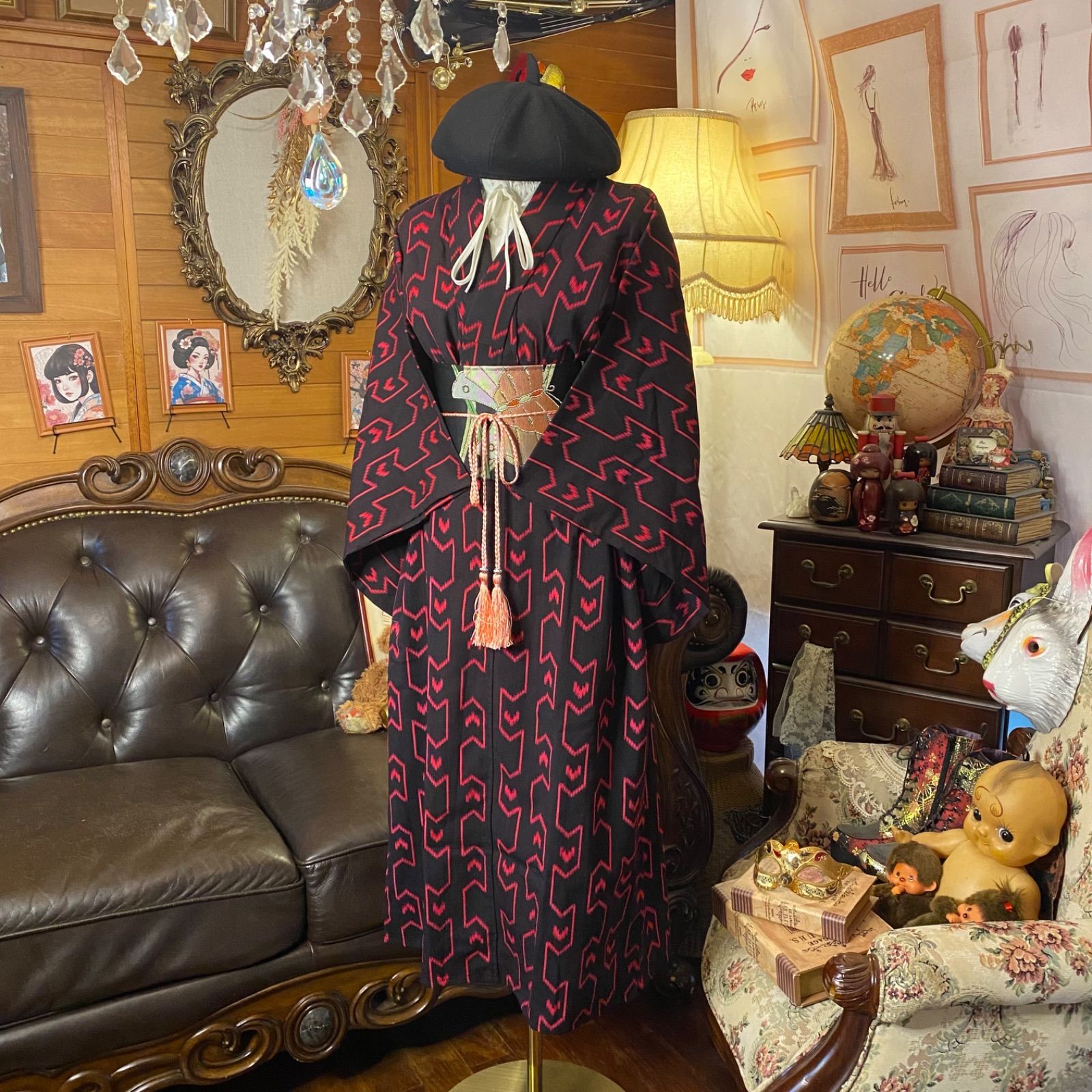 着物リメイク セミロングワンピース ドレス 名古屋帯サッシュベルト