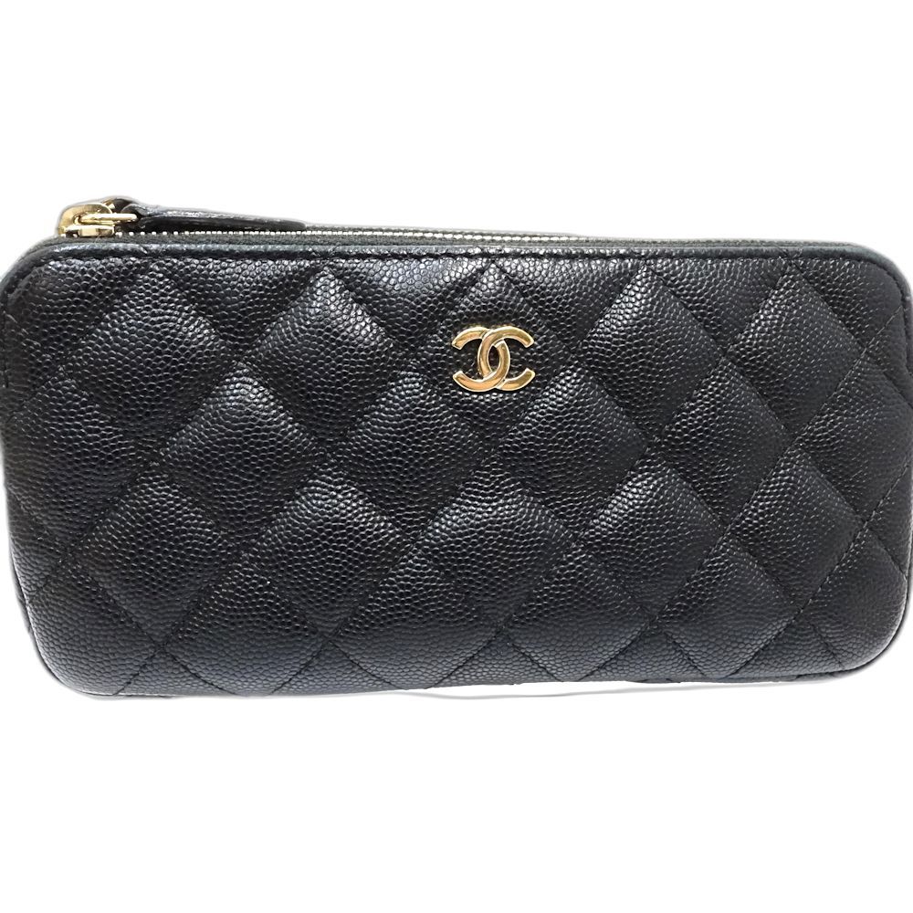 CHANEL シャネル ウォレットチェーン A 82527 Wジップ チェーンウォレット マトラッセ キャビアスキン ブラック レディース |181682