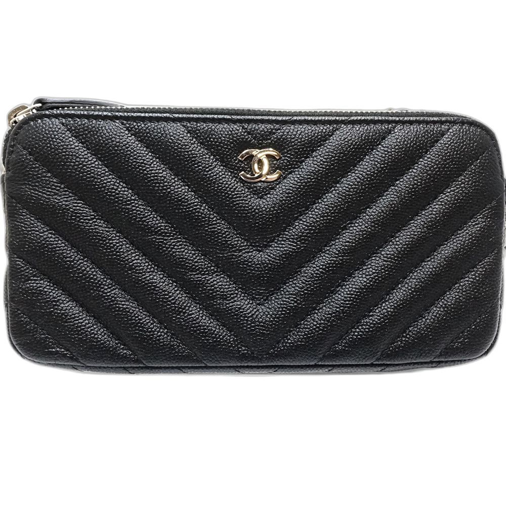 CHANEL シャネル ウォレットチェーン A 82527 Vステッチ チェーンウォレット Wジップ キャビアスキン ブラック レディース |181683