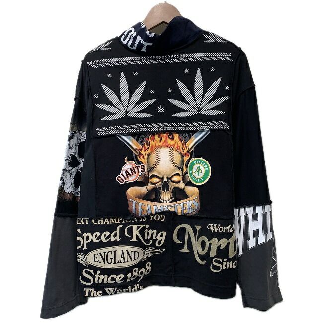 Remake　切替ロンT　長袖　カットソー　トップス　ハイネック　プリント　パッチワーク　再構築　古着