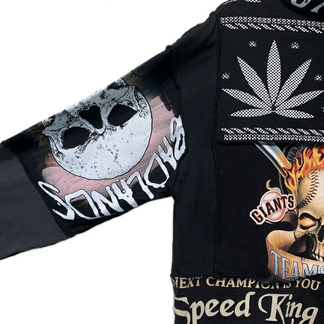 Remake　切替ロンT　長袖　カットソー　トップス　ハイネック　プリント　パッチワーク　再構築　古着