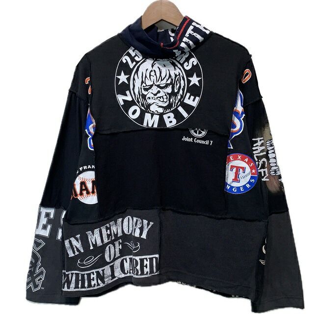 Remake　切替ロンT　長袖　カットソー　トップス　ハイネック　プリント　パッチワーク　再構築　古着