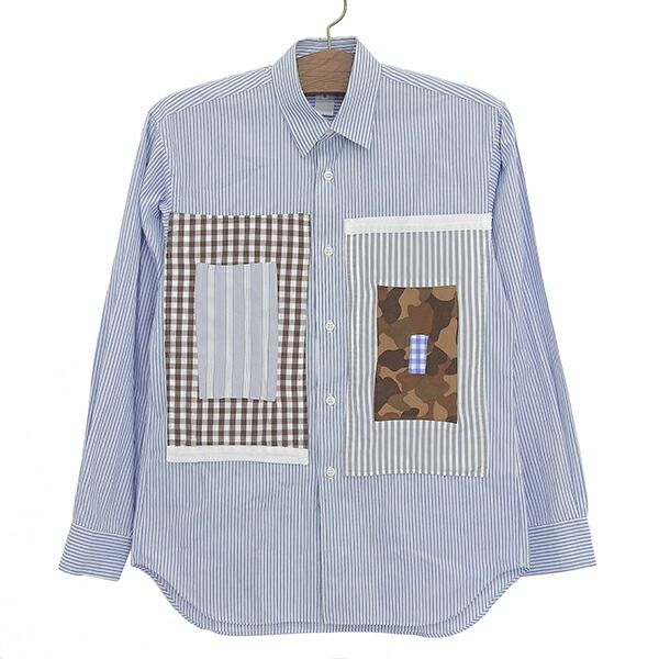 COMME des GARCONS SHIRT コムデギャルソン シャツ カモフラ柄 切替 S 19034 サイズXS コットン ストライプ パッチワーク 長袖 メンズ ブルー YB 0001