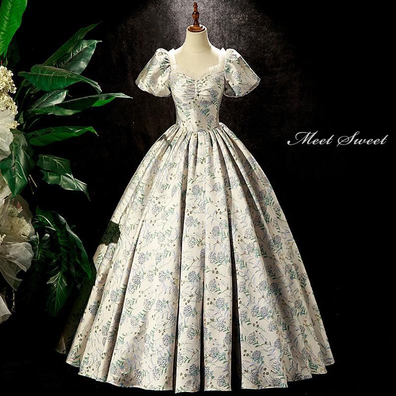 カラードレス 編み上げ 青 花柄 パフスリーブ 演出 ロングドレス 結婚式 二次会 発表会 演奏会 ウェディングドレス ウエディングドレス プリンセスドレス イブニングドレス コンサート コンクール パーティードレス ブライダル 花嫁