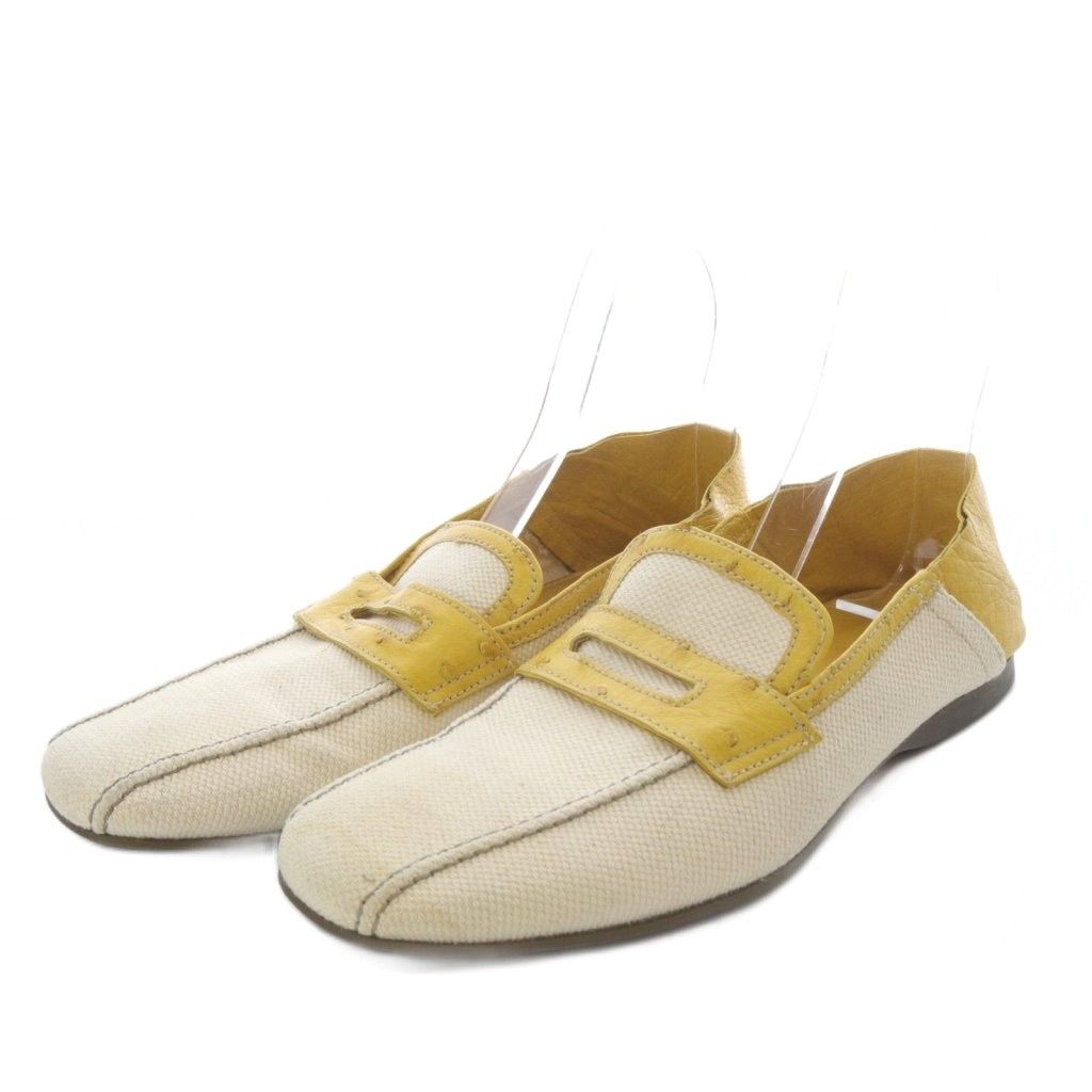 プラダ PRADA ローファー スリッポン キャンバス オーストリッチ型押し バイカラー 8 アイボリー イエロー |YO 26 GY 53