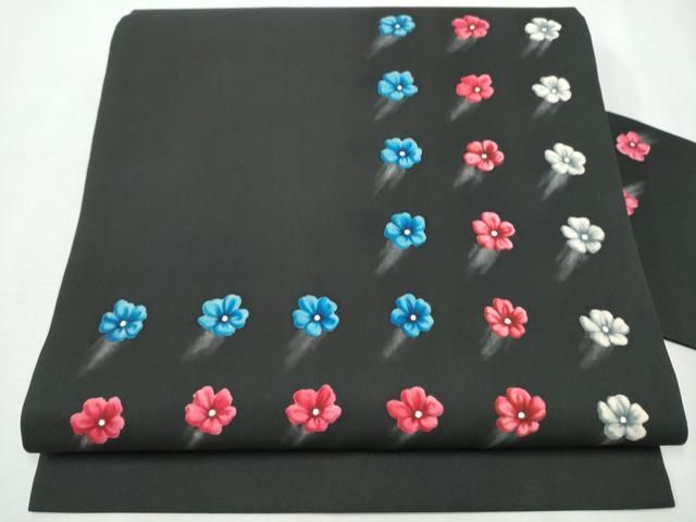 平和屋着物 塩瀬 九寸名古屋帯 舞花文 黒地 正絹 hy