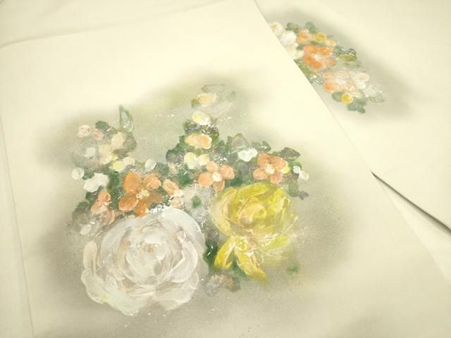 平和屋着物 塩瀬 九寸名古屋帯 手描き 草花 金銀彩 正絹 op