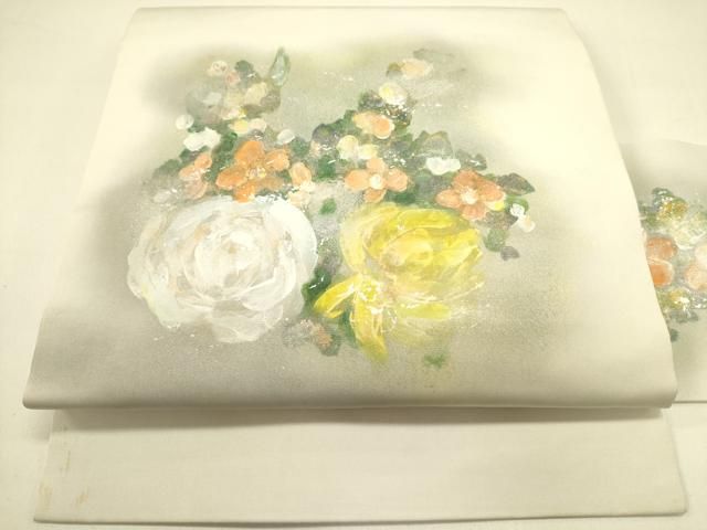 平和屋着物 塩瀬 九寸名古屋帯 手描き 草花 金銀彩 正絹 op