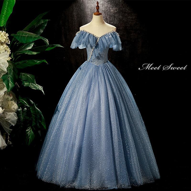 ドレス 編み上げ ブルー 青 フリル ステージドレス ロングドレス 結婚式 二次会 発表会 演奏会 ウェディングドレス ウエディングドレス プリンセスドレス イブニングドレス コンサート コンクール パーティードレス ブライダル 花嫁 披露宴