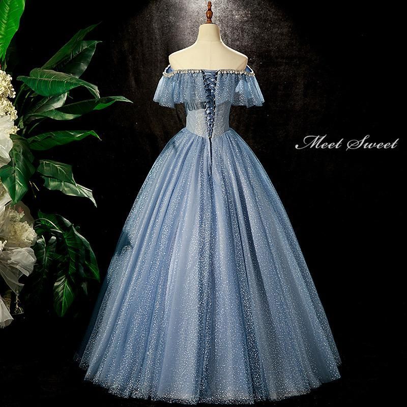 カラードレス 編み上げ ブルー 青 フリル ステージドレス ロングドレス 結婚式 二次会 発表会 演奏会 ウェディングドレス ウエディングドレス プリンセスドレス イブニングドレス コンサート コンクール パーティードレス ブライダル 花嫁 披露宴