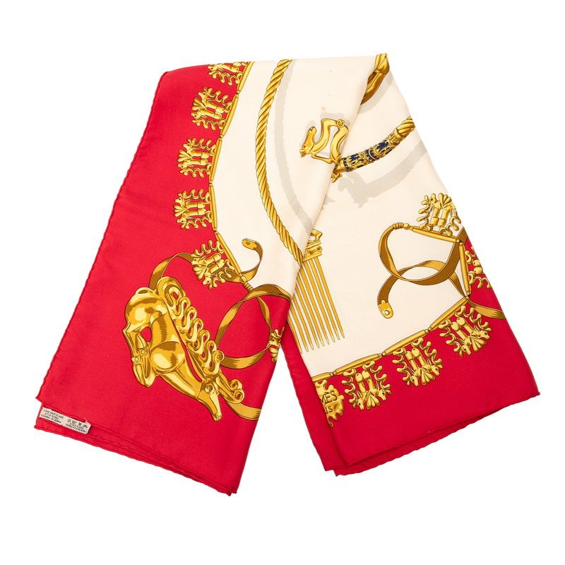 エルメス カレ90 LES CAVALIERS D'OR 黄金の騎士 レッド ホワイト