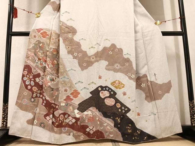 平和屋着物○京友禅の第一人者 松井青々 訪問着 駒刺繍 扇面花文 金彩