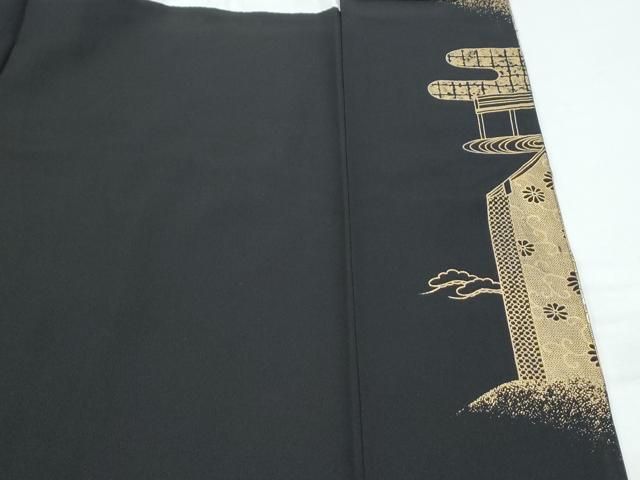 黒留袖　作家もの　雅道　金彩　螺鈿細工　金閣寺　花模様　着物　075a p 黒留袖 作家もの 雅道 金彩 螺鈿細工 金閣寺 花模様 着物 075a p