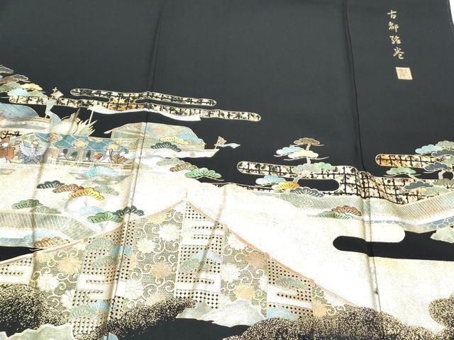 黒留袖　作家もの　雅道　金彩　螺鈿細工　金閣寺　花模様　着物　075a p 黒留袖 作家もの 雅道 金彩 螺鈿細工 金閣寺 花模様 着物 075a p