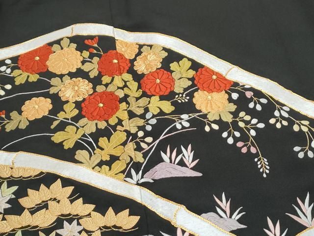 平和屋着物▽豪華黒留袖 総刺繍 駒刺繍 籬花文 金糸 正絹 逸品