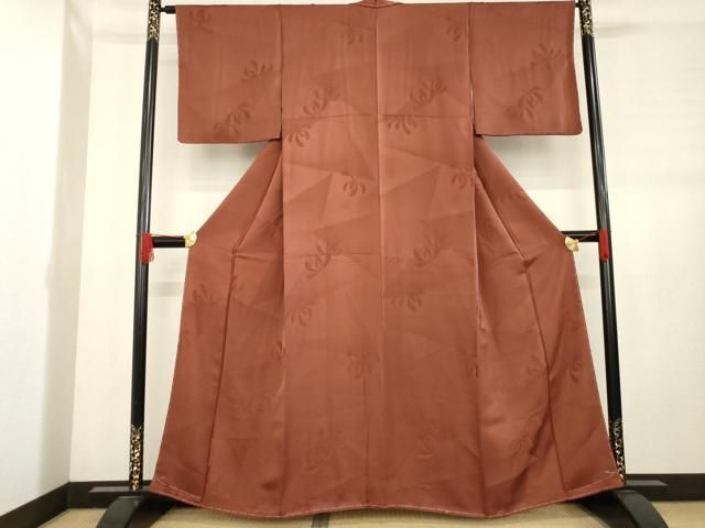 平和屋着物 上質な色無地 菊地紋 海老茶色 正絹 ck