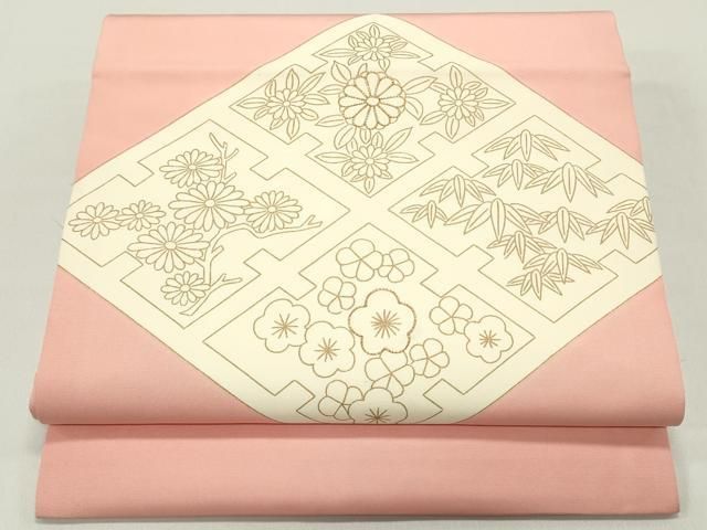 平和屋着物 塩瀬 九寸名古屋帯 駒刺繍 花菱文 金彩 正絹 ob
