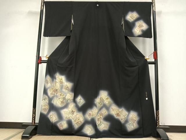 平和屋着物●加納義己　訪問着　百人一首　暈し染め　黒地　金銀彩　正絹　逸品　AABD0512fy 平和屋着物○加納義己 訪問着 百人一首 暈し染め 黒地 金銀彩 正絹
