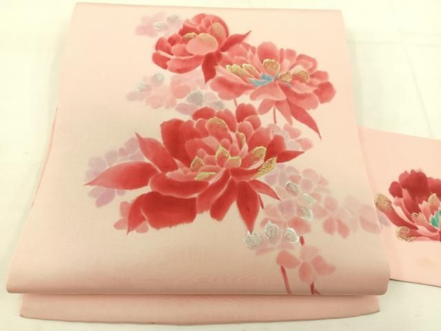 平和屋着物●塩瀬 九寸名古屋帯 手描き 牡丹 金銀彩 正絹 mz