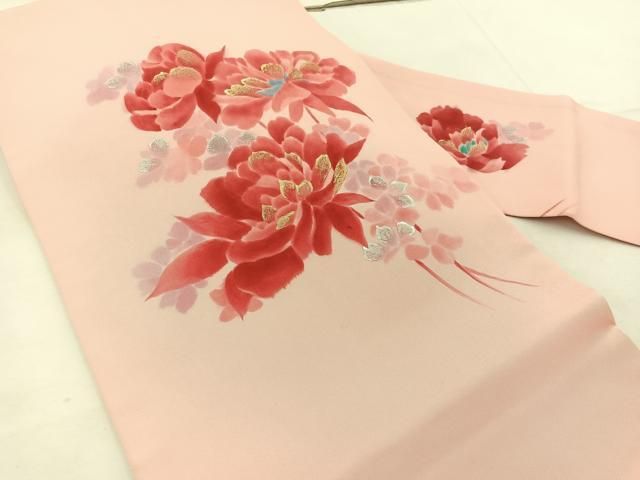 平和屋着物 塩瀬 九寸名古屋帯 手描き 牡丹 金銀彩 正絹 mz