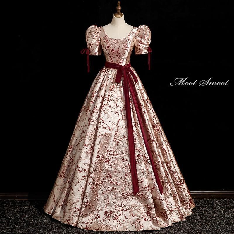 カラードレス 編み上げ レッド 花柄 ステージドレス ロングドレス 結婚式 二次会 発表会 演奏会 ウェディングドレス ウエディングドレス プリンセスドレス イブニングドレス コンサート コンクール パーティードレス ブライダル 花嫁 披露宴