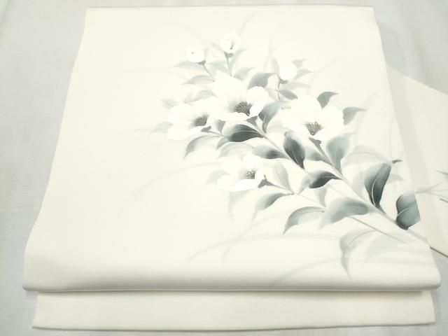 平和屋着物●塩瀬 九寸名古屋帯 作家物 手描き 枝花文 金彩 正絹 hy