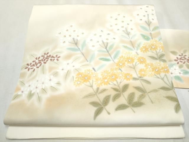 平和屋着物 塩瀬 九寸名古屋帯 手描き 枝花文 金彩 正絹 hy