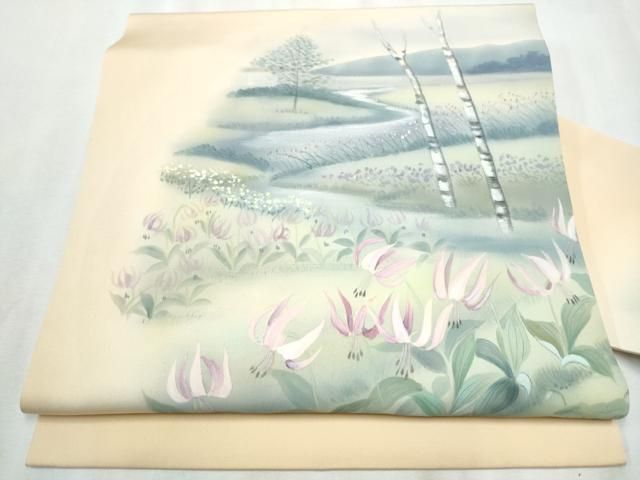 平和屋着物●塩瀬 九寸名古屋帯 手描き 風景草花文 正絹 hy