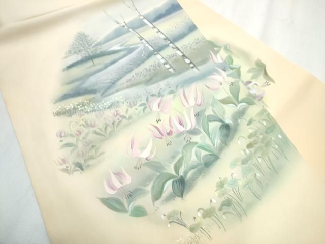 平和屋着物 塩瀬 九寸名古屋帯 手描き 風景草花文 正絹 hy