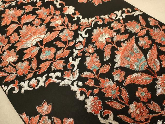 にゅんにゅん【美品】洗える小紋フルセット　袷　和更紗紋様　正絹六通袋帯 平和屋着物◎西陣 まいづる謹製 六通柄袋帯 更紗花文 都錦 黒地 銀糸