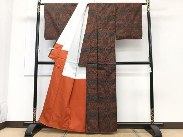 平和屋着物▽本場大島紬 単衣 麻の葉花唐草間道 正絹 逸品 BAAT9054yc